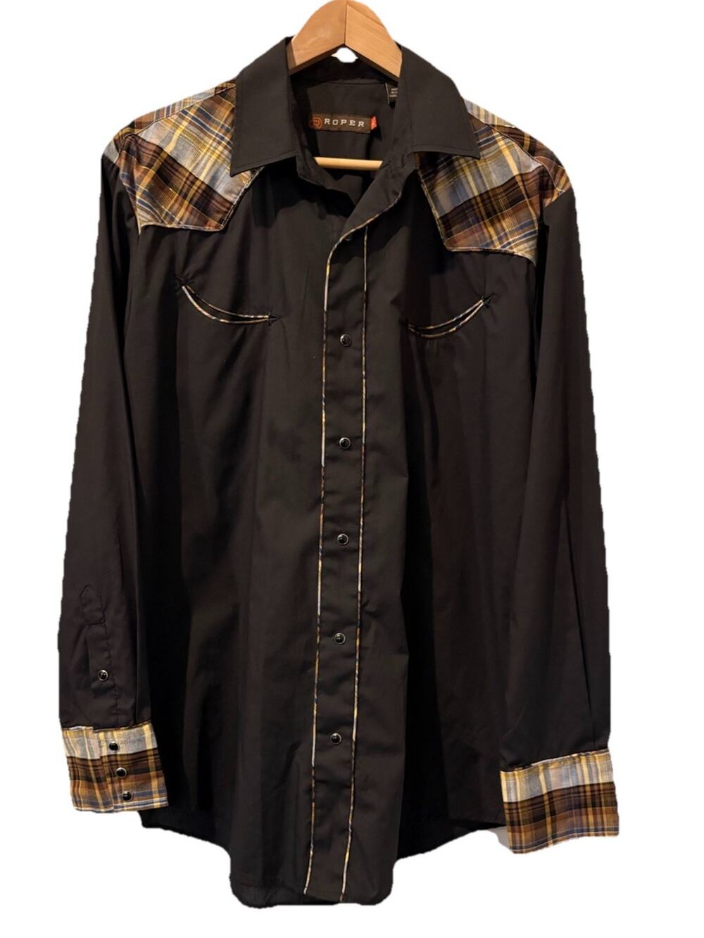 Roper Western Shirt L-Brown With Plaid With Gold-Lightweight-Pearl Snap Rodeo